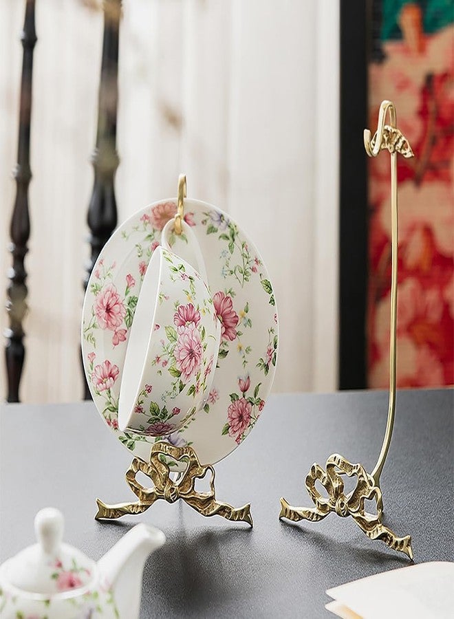 YACSNBF 2Pcs Brass Teacup and Saucer Display Stand,Teacup Holder Stand for Display,Antique Coffee Cup Mug Holder for one Cup, Gold. (Small) (2, small)